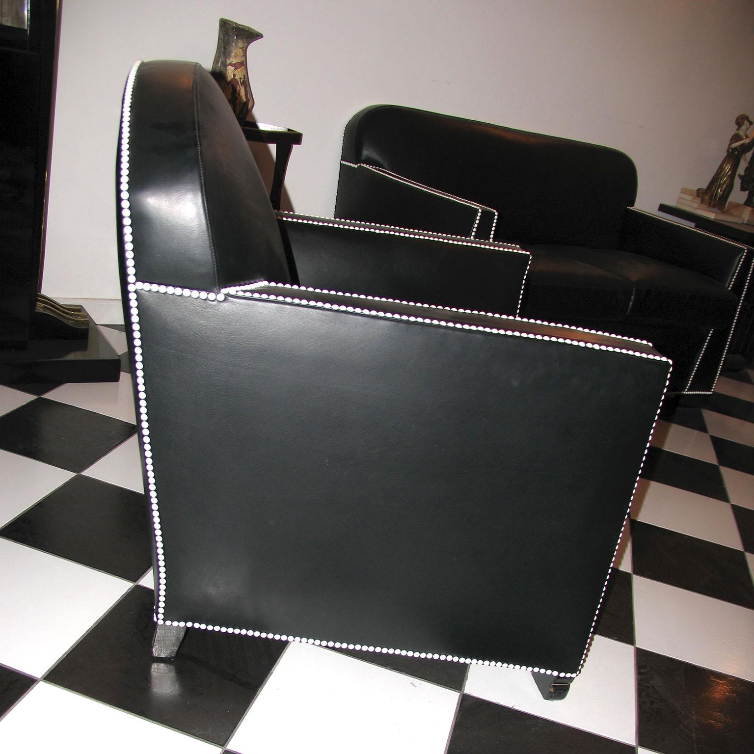 Mid-20th Century Art Deco Black Leather and White Nails Pair of Armchairs Pierre Chareau Style For Sale