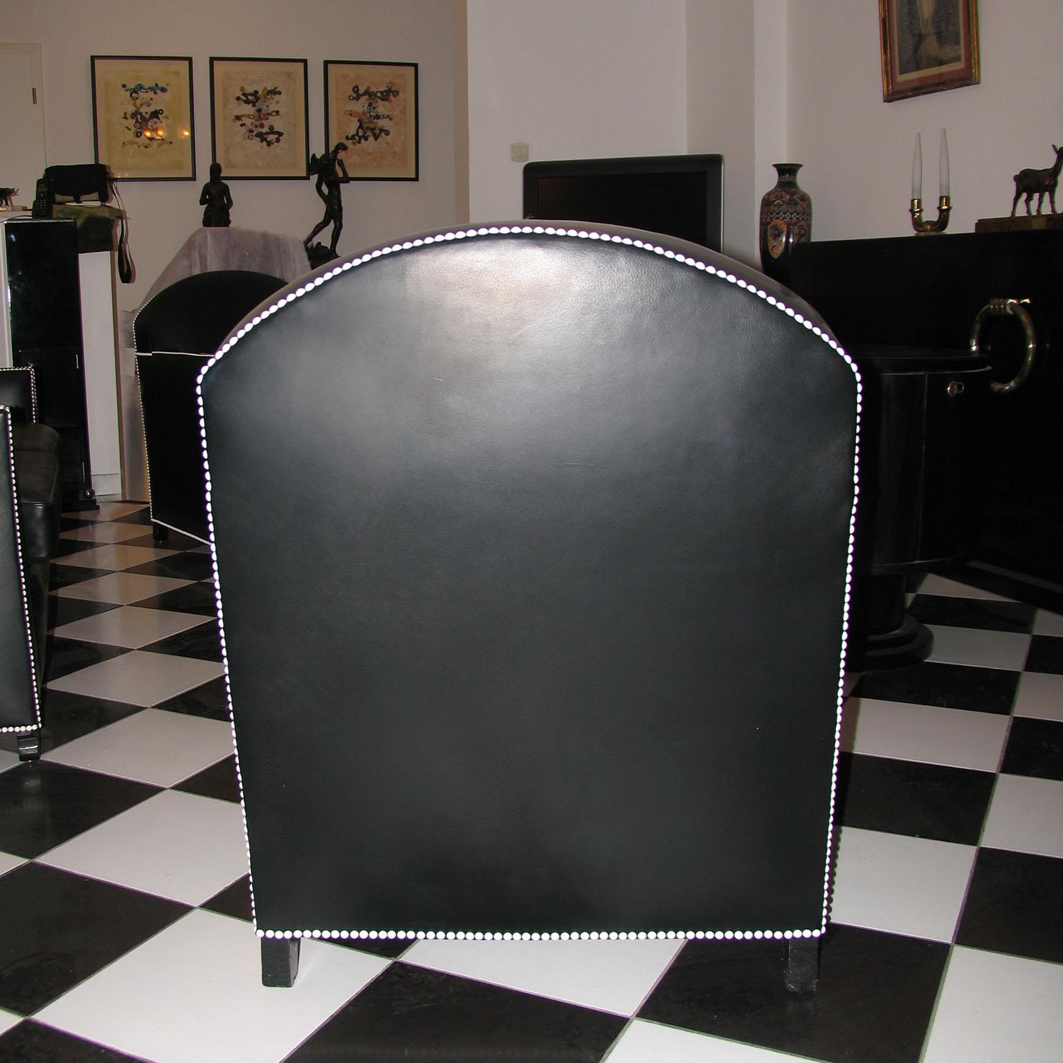 Art Deco Black Leather and White Nails Pair of Armchairs Pierre Chareau Style For Sale 1