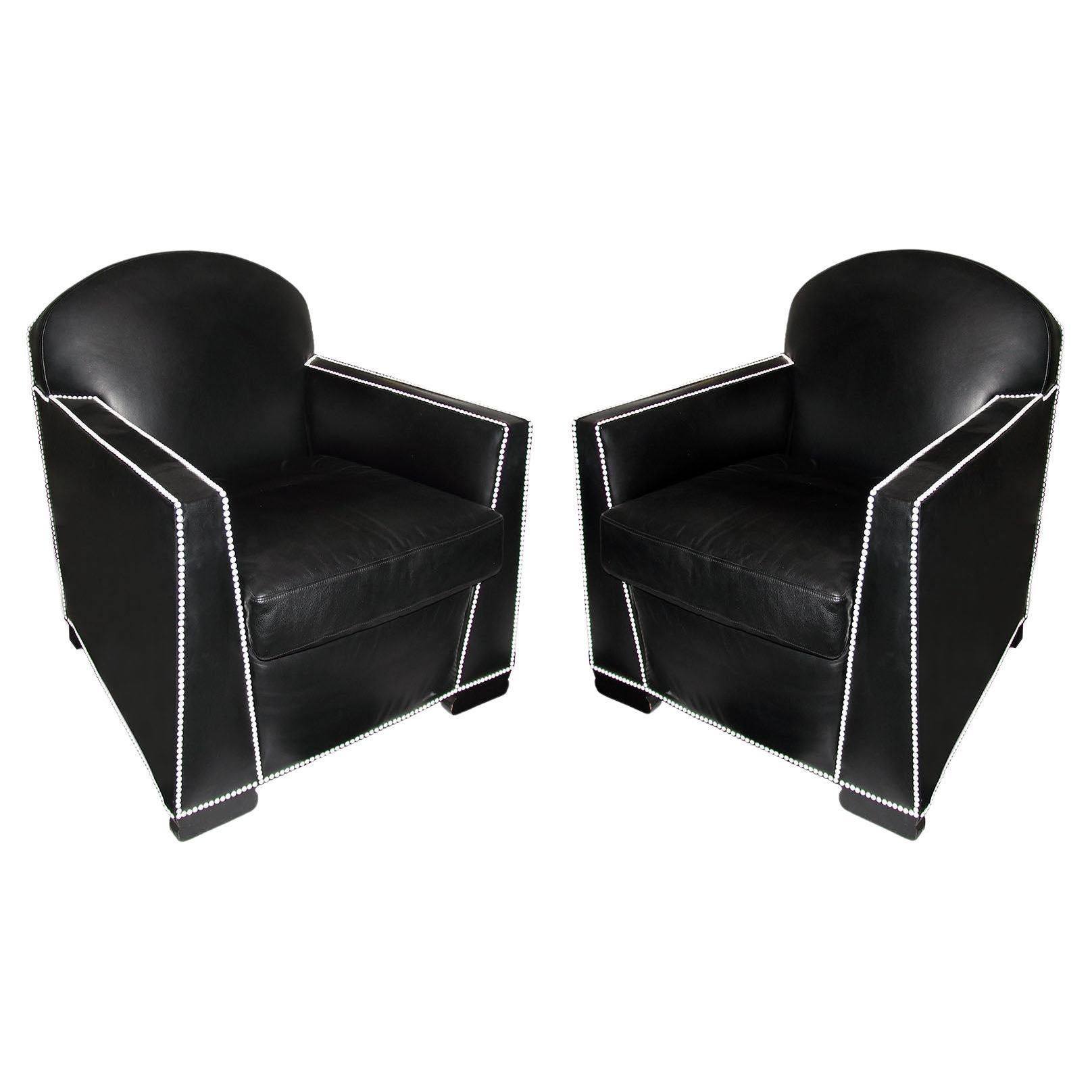 Art Deco Black Leather and White Nails Pair of Armchairs Pierre Chareau Style For Sale