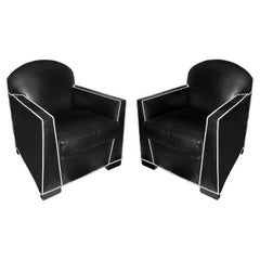 Art Deco Black Leather and White Nails Pair of Armchairs Pierre Chareau Style