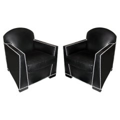 Divano Art Deco a due posti in pelle nera e chiodi bianchi in stile Pierre Chareau