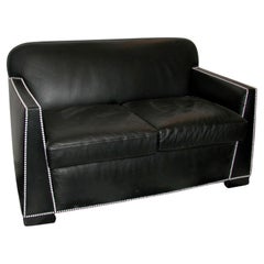 Art Deco Black Leather and White Nails Two Seats Sofa Pierre Chareau Style