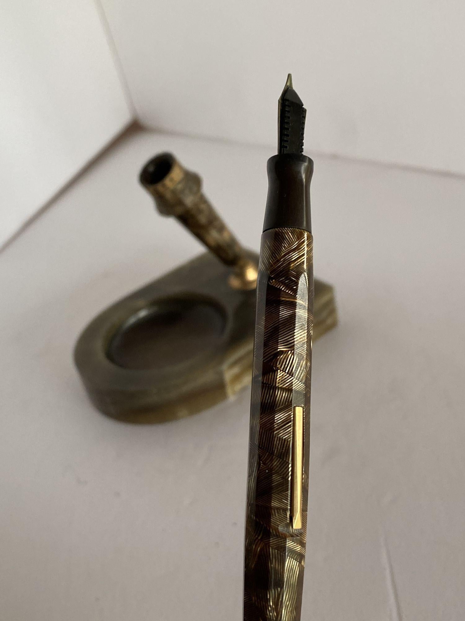 Art Deco Black Marble Desk Pen Holder W/ Fountain Pen 3
