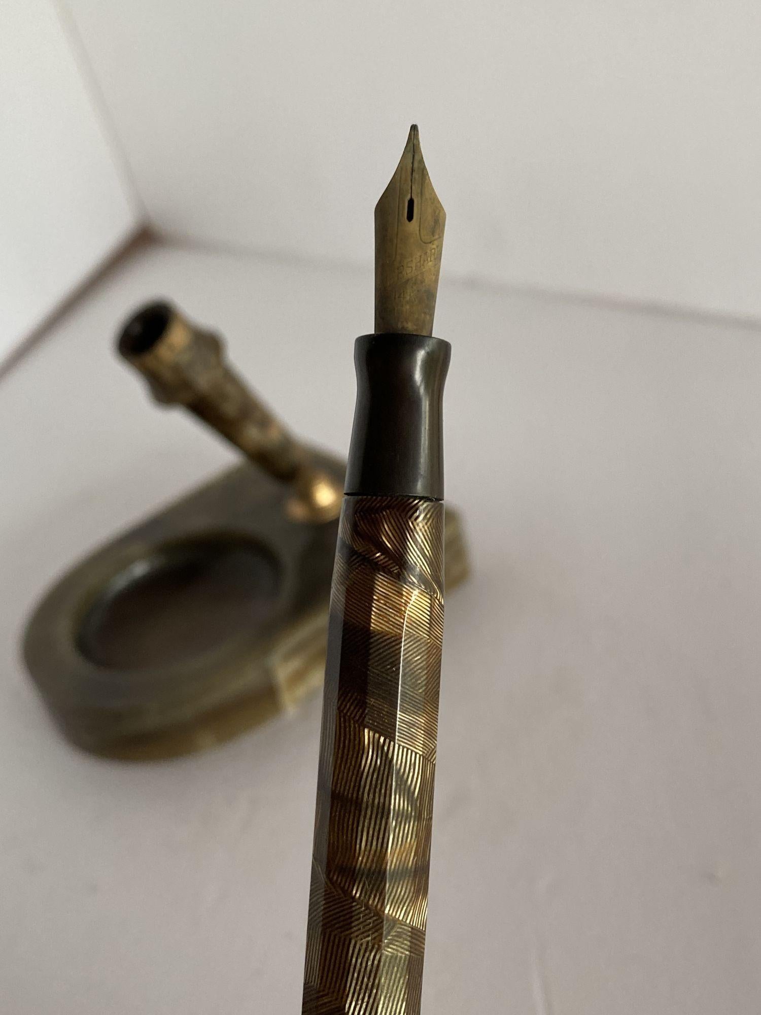 Art Deco Black Marble Desk Pen Holder W/ Fountain Pen 4