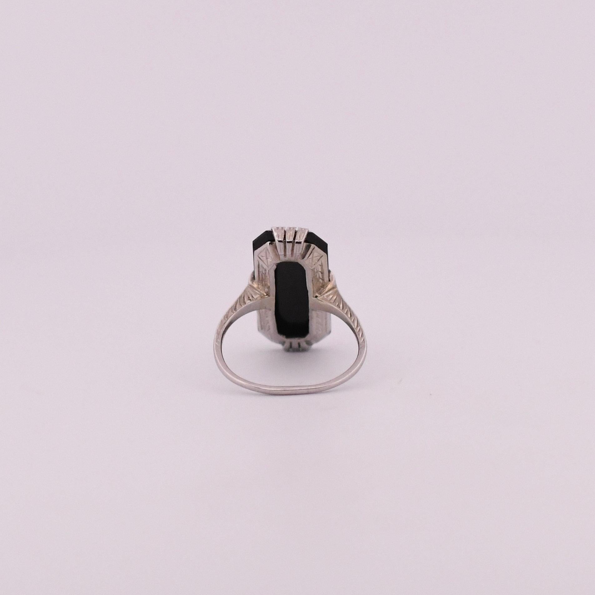 Women's Art Deco Black Onyx 14K White Gold Shield Ring