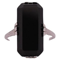 Art Deco Black Onyx 14K White Gold Shield Ring