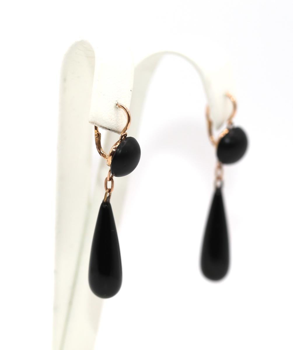 Art Deco Black Onyx 14K Yellow Gold Drop Earrings, 1930 For Sale 2