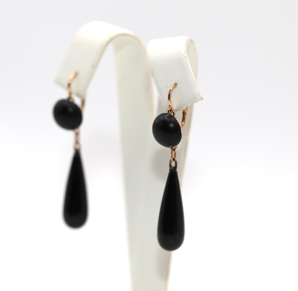 Art Deco Black Onyx 14K Yellow Gold Drop Earrings, 1930 For Sale 3