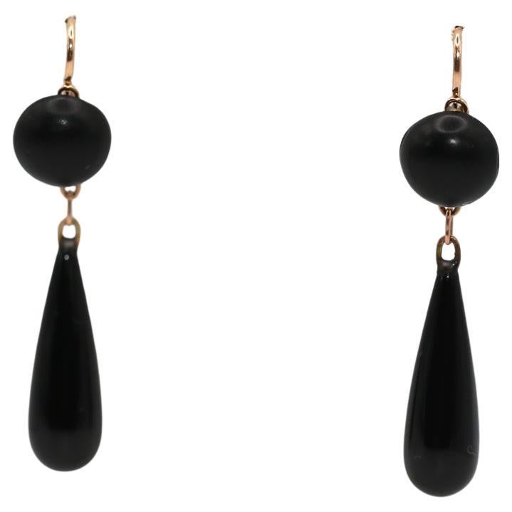 Art Deco Black Onyx 14K Yellow Gold Drop Earrings, 1930 For Sale