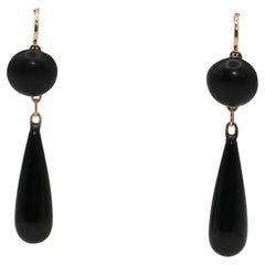 Art Deco Black Onyx 14K Yellow Gold Drop Earrings, 1930