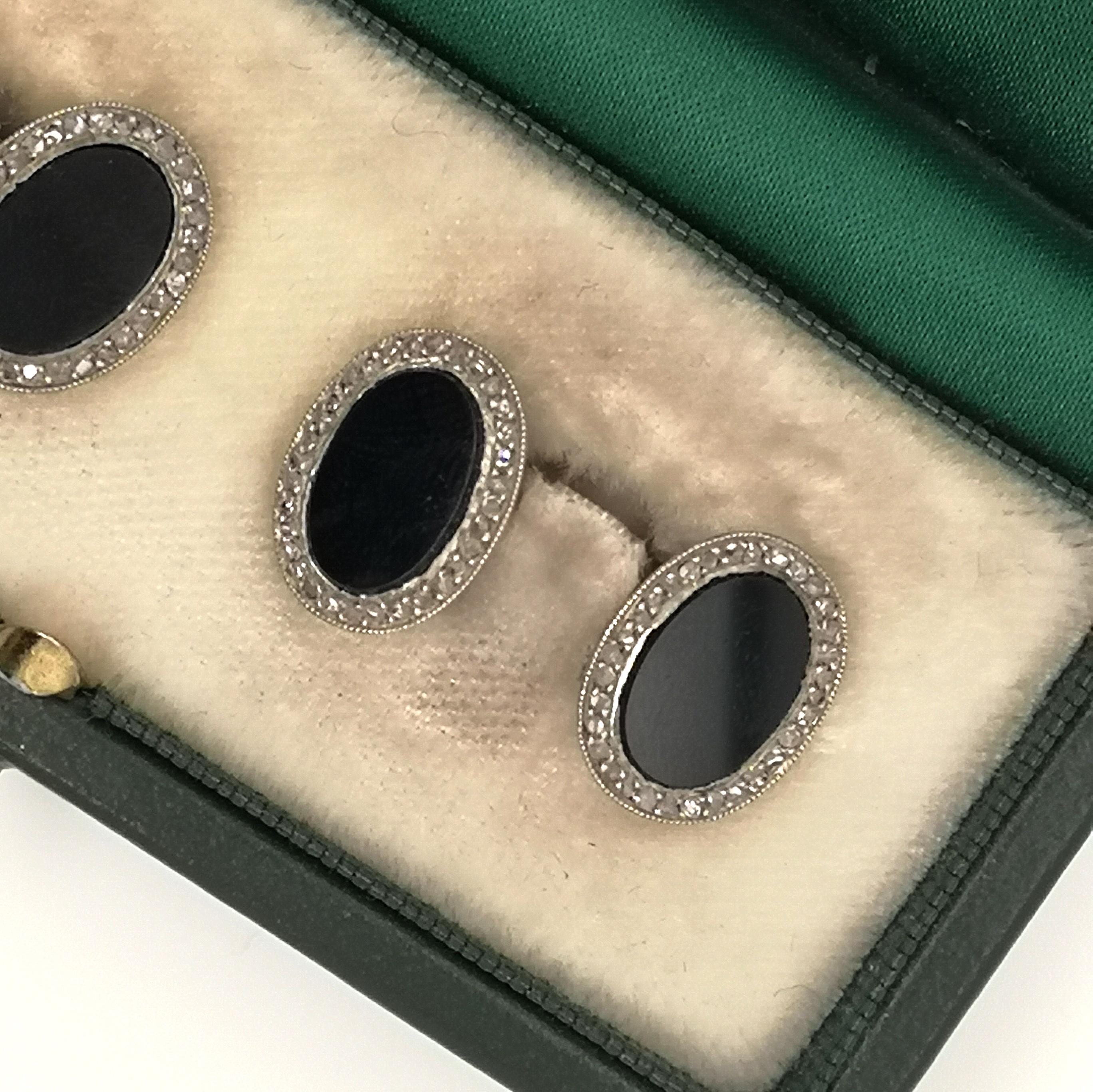 Oval Cut Art Deco Black Onyx and Diamond Cufflinks For Sale