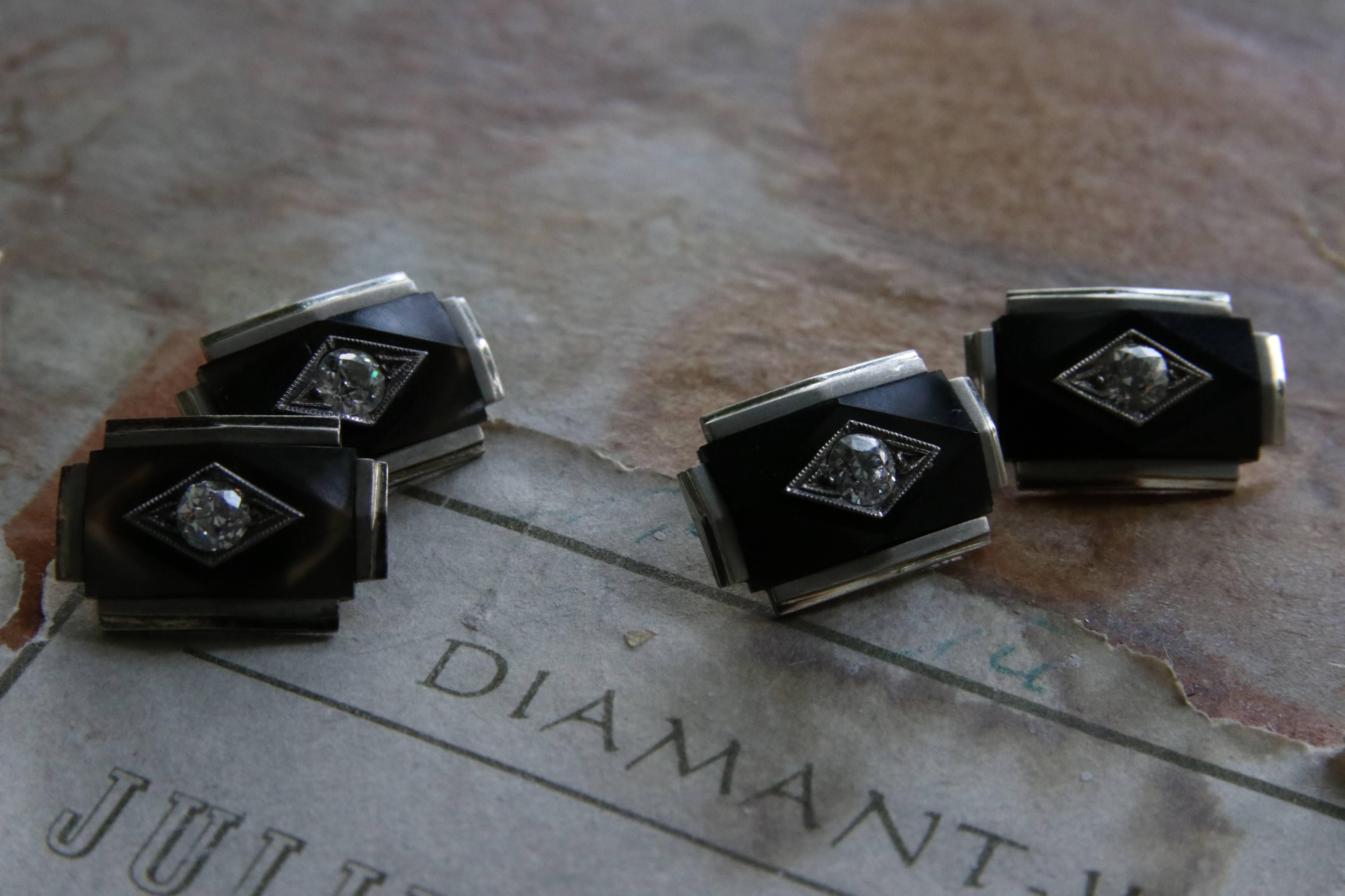 Art Deco Black Onyx and Diamond Cufflinks For Sale 1