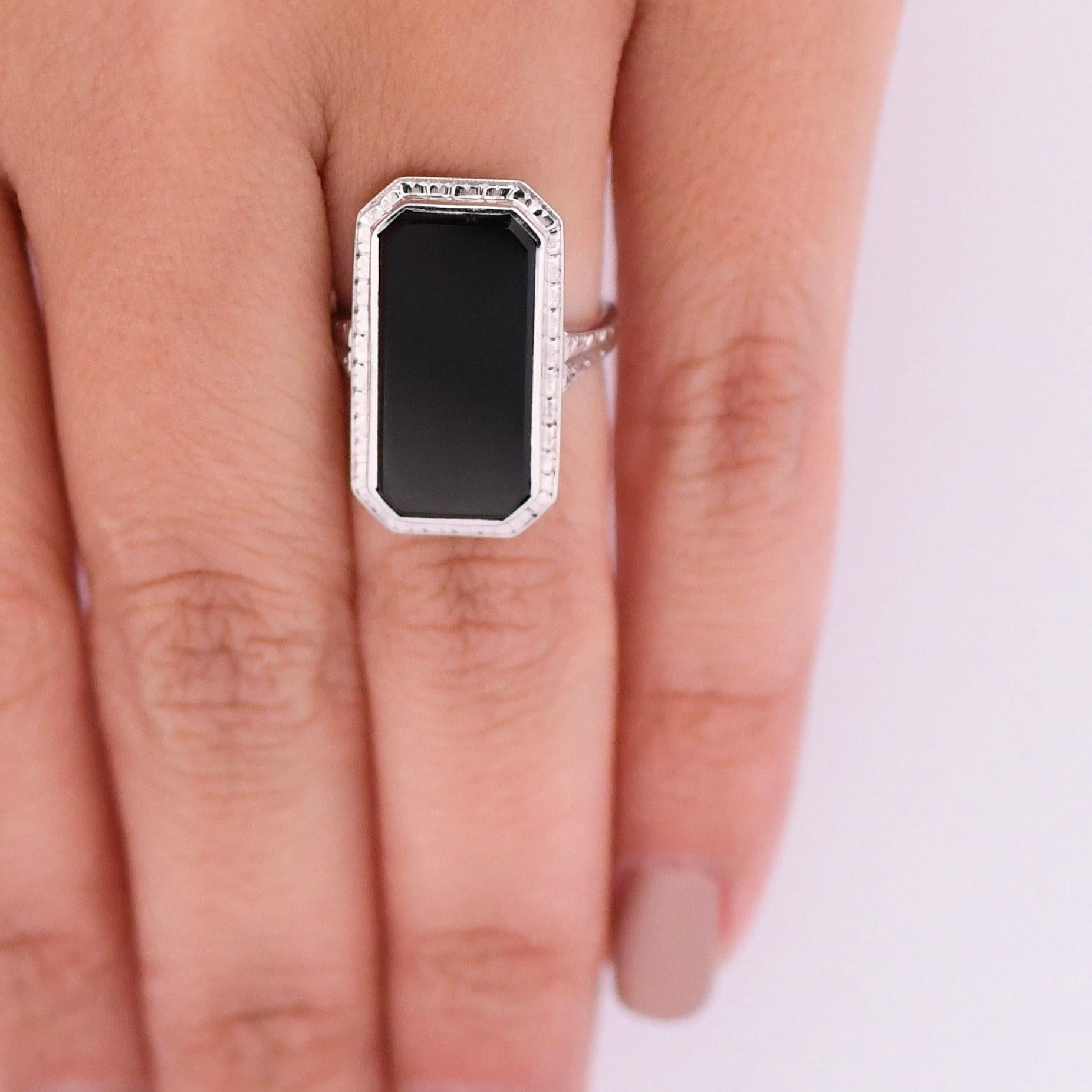 Art Deco Black Onyx Bezel Set 14K White Gold Shield Ring For Sale 1