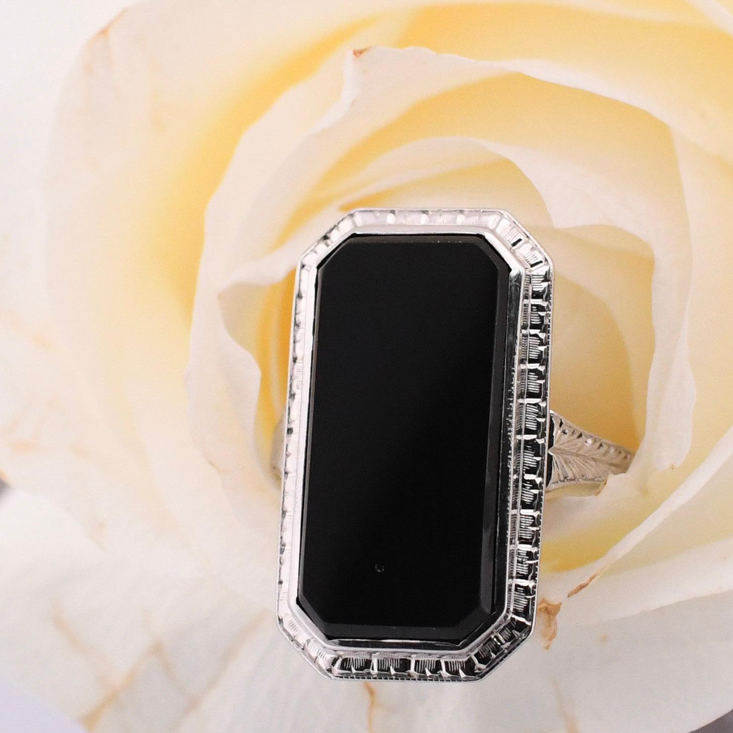 Art Deco Black Onyx Bezel Set 14K White Gold Shield Ring For Sale 3