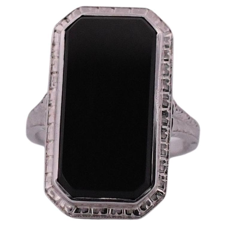 Art Deco Black Onyx Bezel Set 14K White Gold Shield Ring For Sale