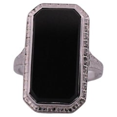 Antique Art Deco Black Onyx Bezel Set 14K White Gold Shield Ring