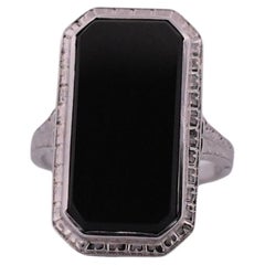 Art Deco Black Onyx Bezel Set 14K White Gold Shield Ring