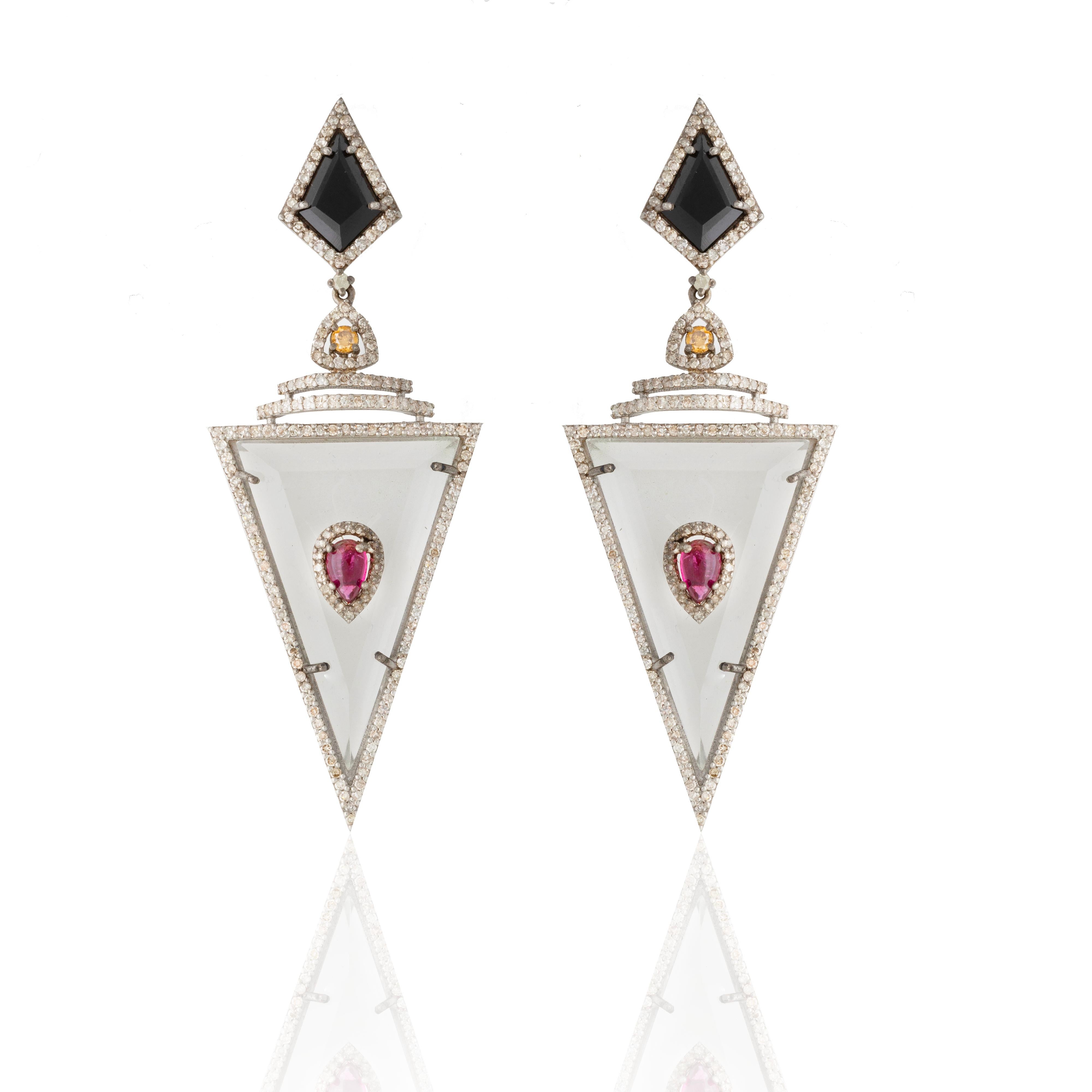 Art Deco Black Onyx, Crystal, Diamond & Tourmaline Earrings In New Condition For Sale In London, W1U 2JG