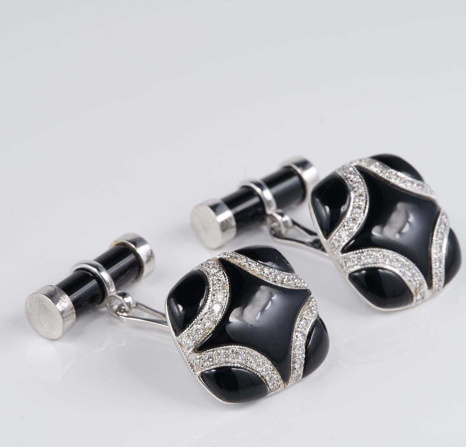 Italian Black Onyx and Diamond gent cufflinks, 1935 ca
Italian Hallmarks of the period
Hand crafted of solid 18 KT
Geometric pattern design in a play of Black and White, with highly polished Black Onyx sections and Diamonds inserts creating a