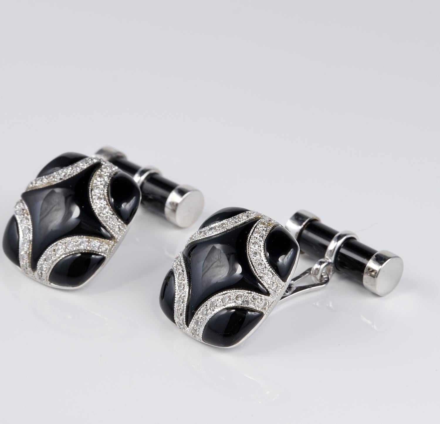 Cabochon Art Deco Black Onyx Diamond 18 KT Cufflinks For Sale