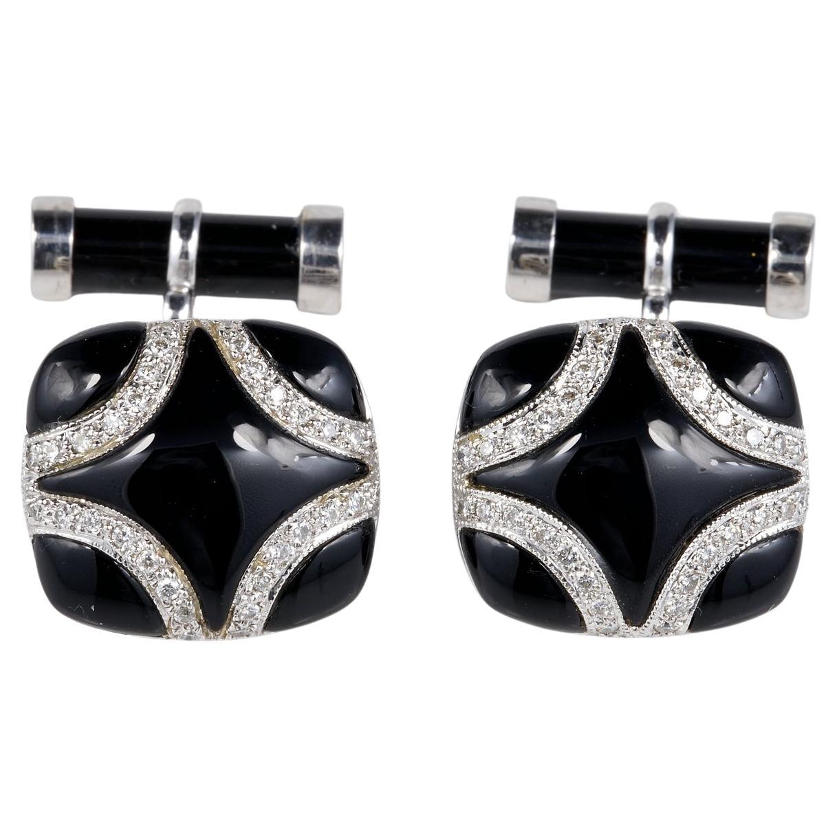 Art Deco Black Onyx Diamond 18 KT Cufflinks For Sale