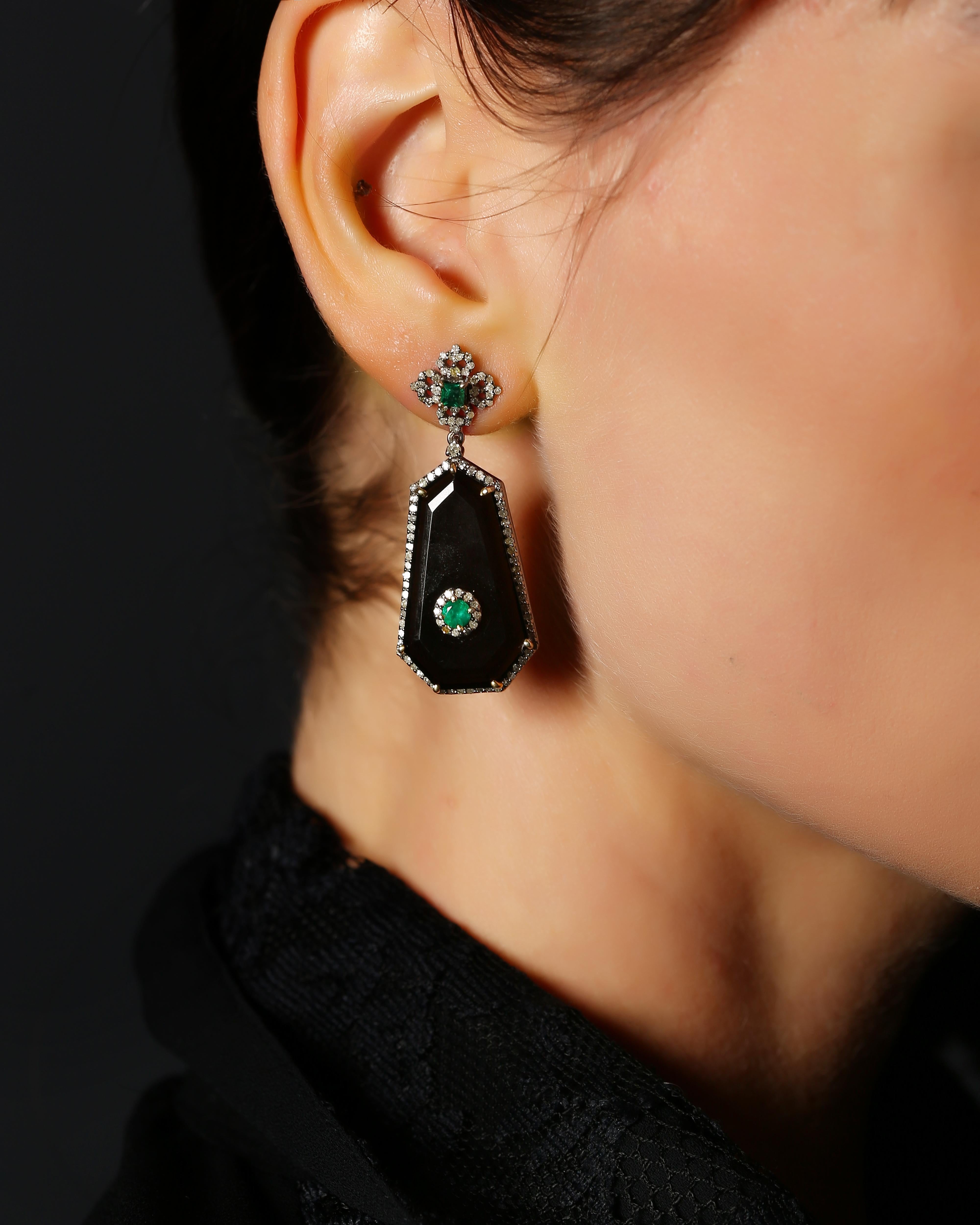 Women's or Men's Art Deco Black Onyx, Diamond & Emerald Earrings