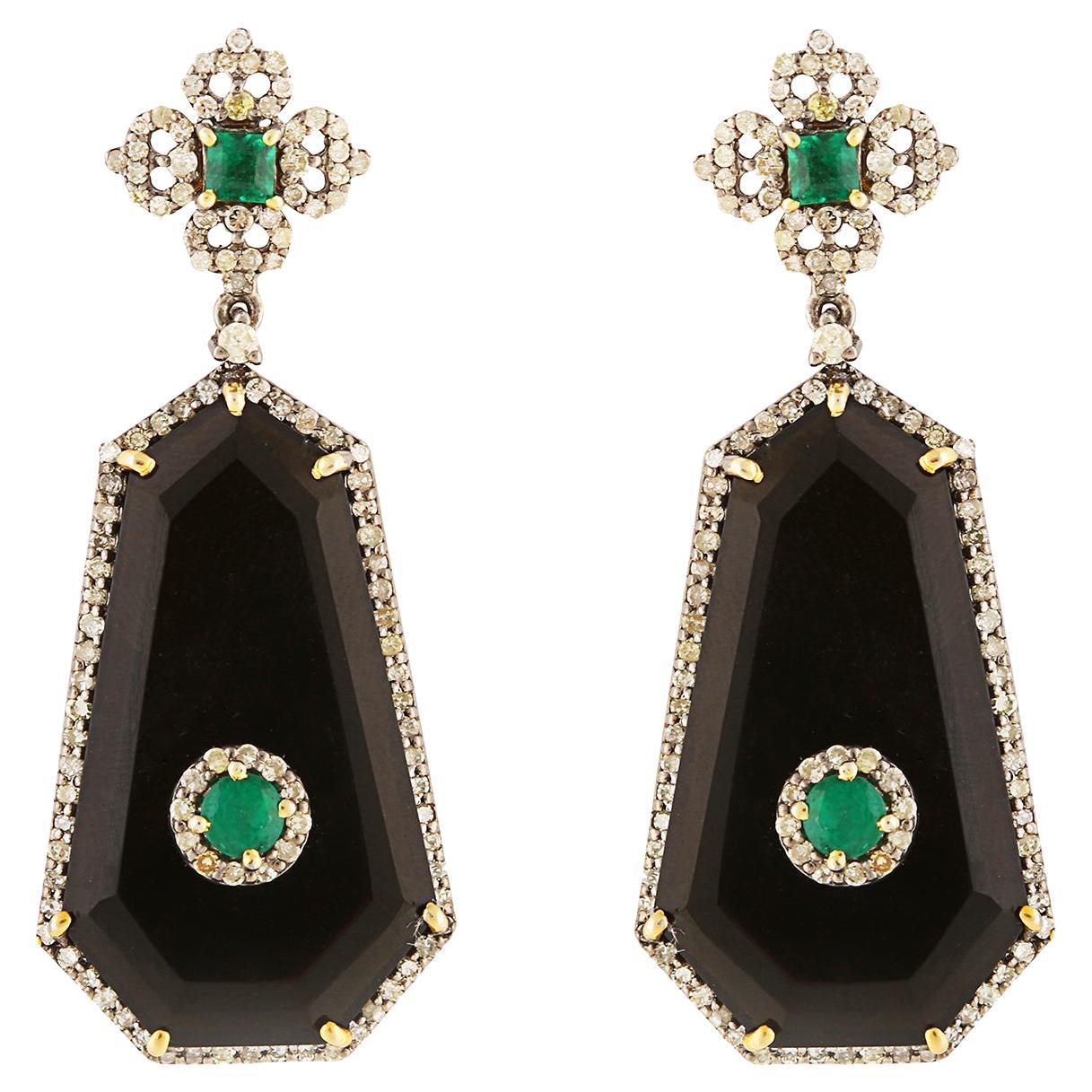Art Deco Black Onyx, Diamond & Emerald Earrings