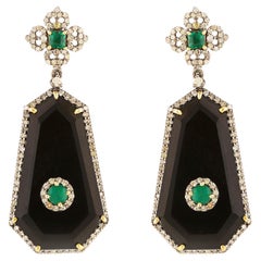 Antique Art Deco Black Onyx, Diamond & Emerald Earrings