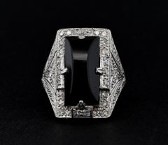 Art Deco Black Onyx Diamond Platinum Dinner Ring