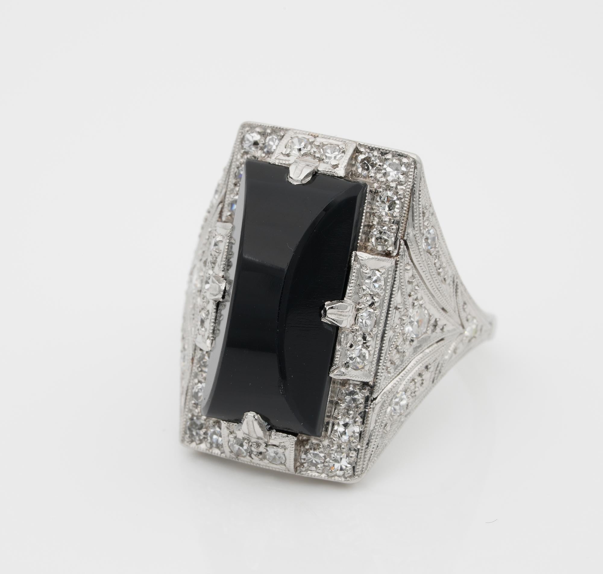 Cabochon Art Deco Black Onyx Diamond Platinum Dinner Ring For Sale
