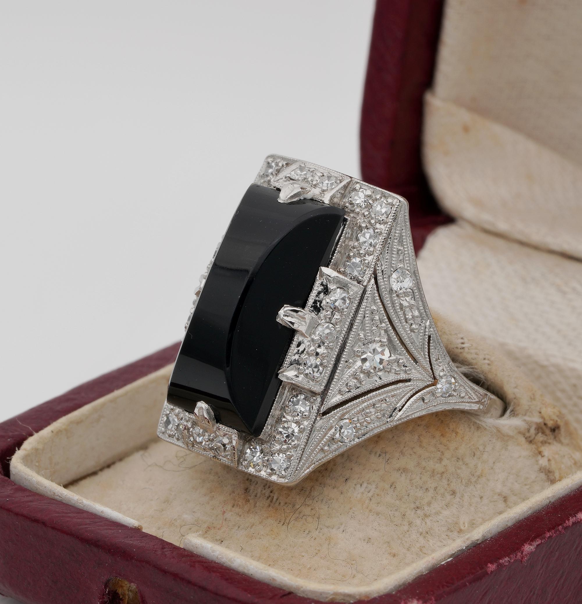 Art Deco Black Onyx Diamond Platinum Dinner Ring In Good Condition For Sale In Napoli, IT
