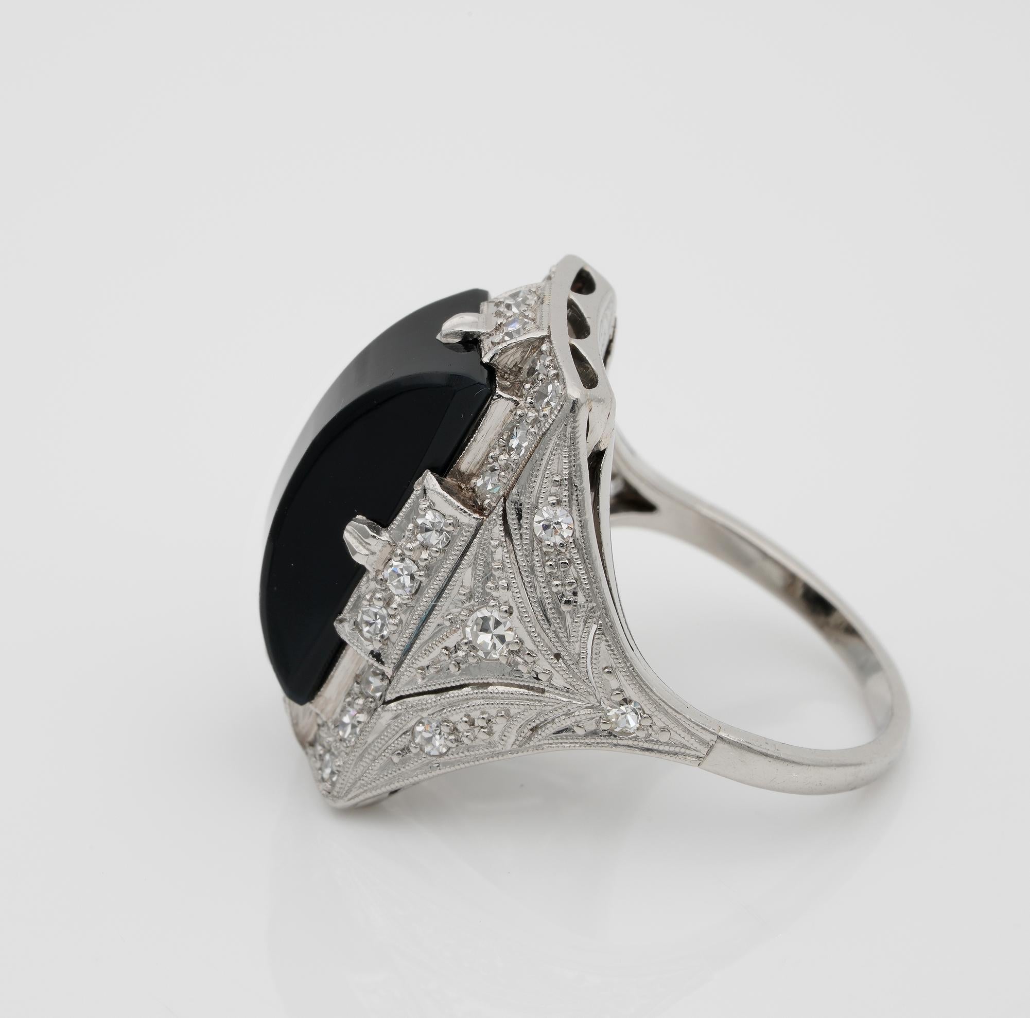 Women's or Men's Art Deco Black Onyx Diamond Platinum Dinner Ring For Sale