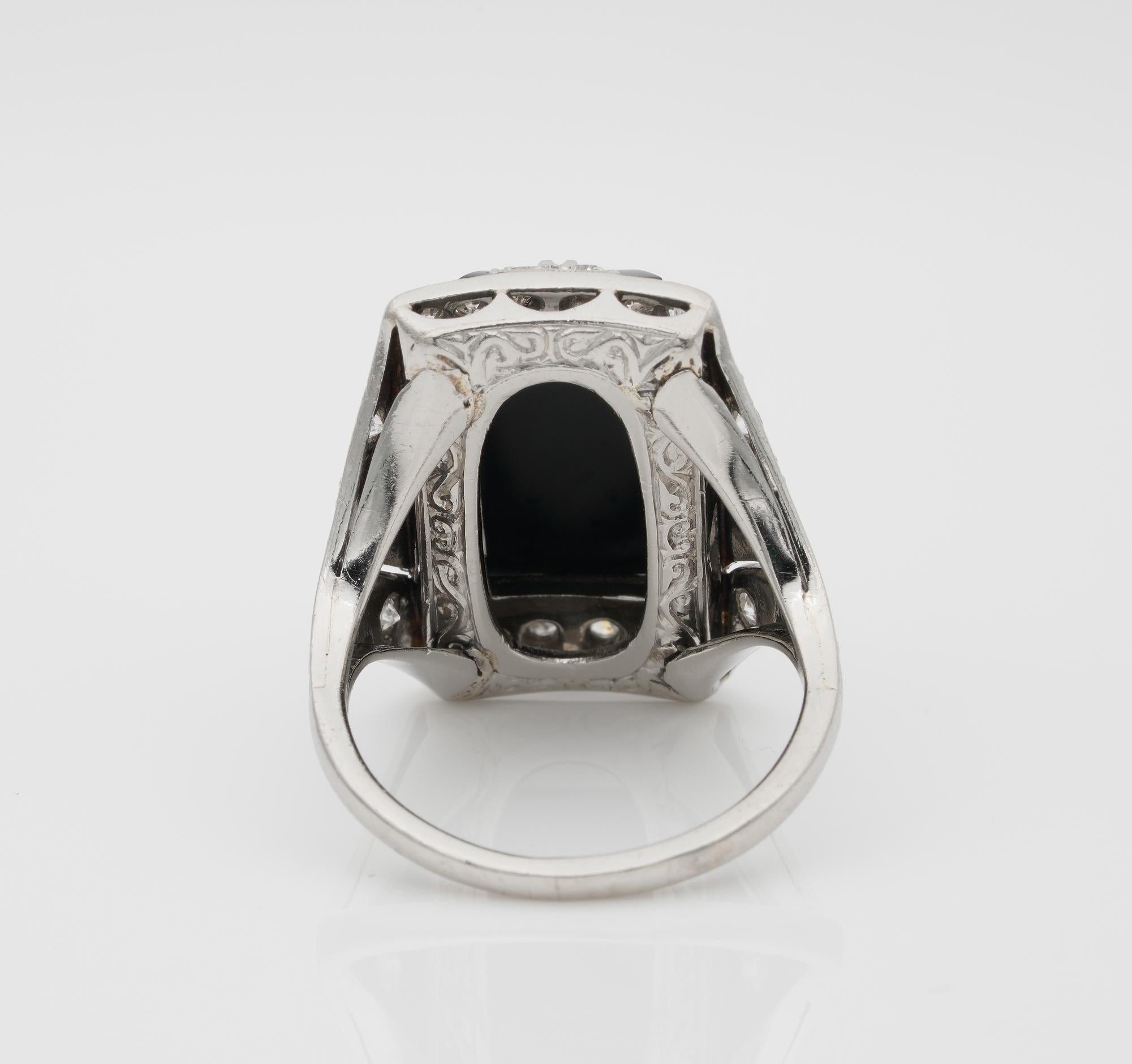 Art Deco Black Onyx Diamond Platinum Dinner Ring For Sale 2