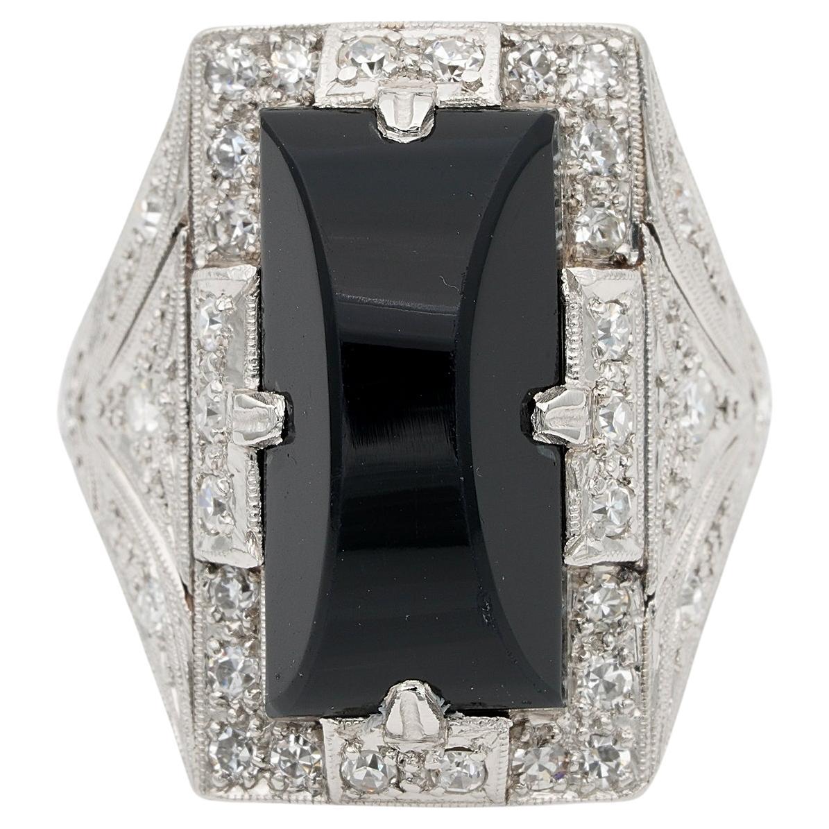Art Deco Black Onyx Diamond Platinum Dinner Ring For Sale