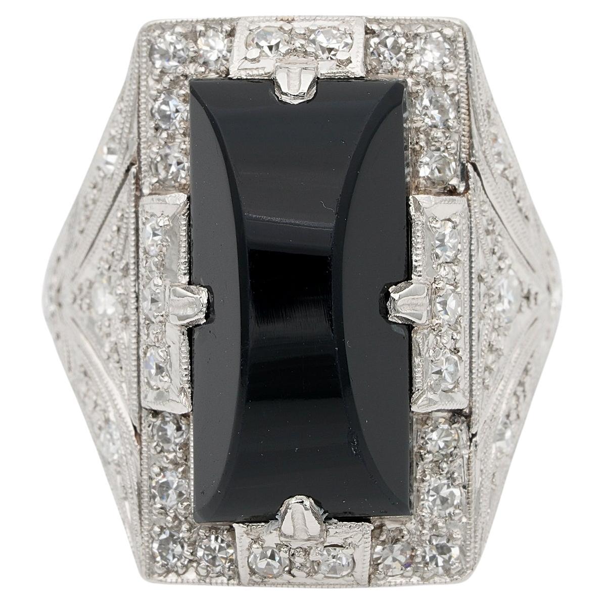 Art Decó Onyx Negro Diamante Platino Cena Anillo