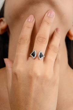 Art Deco Black Onyx Fan Shape Open Ring with Diamonds in 18k Solid Rose Gold