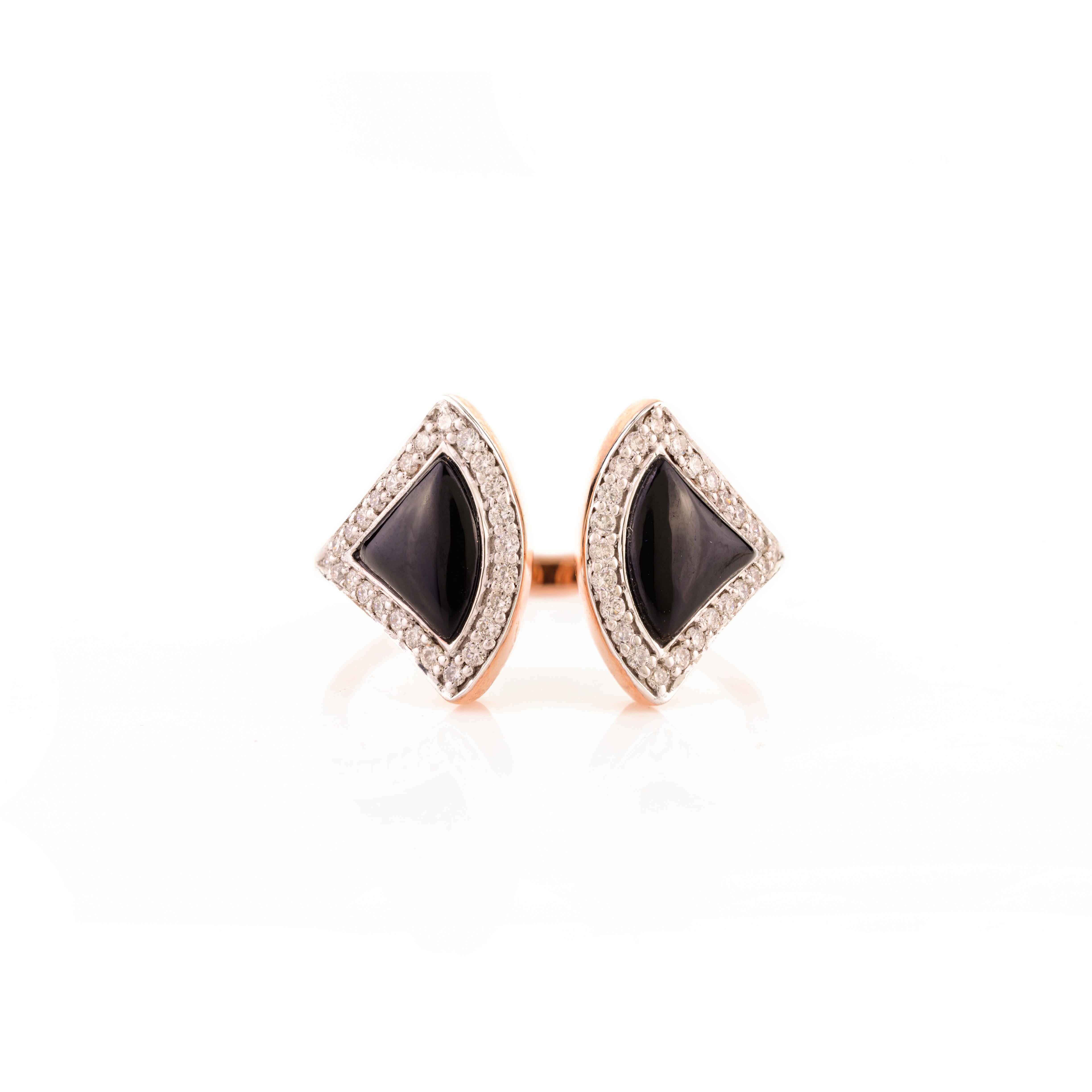 For Sale:  Art Deco Black Onyx Fan Shape Open Ring with Diamonds in 18k Solid Rose Gold 3