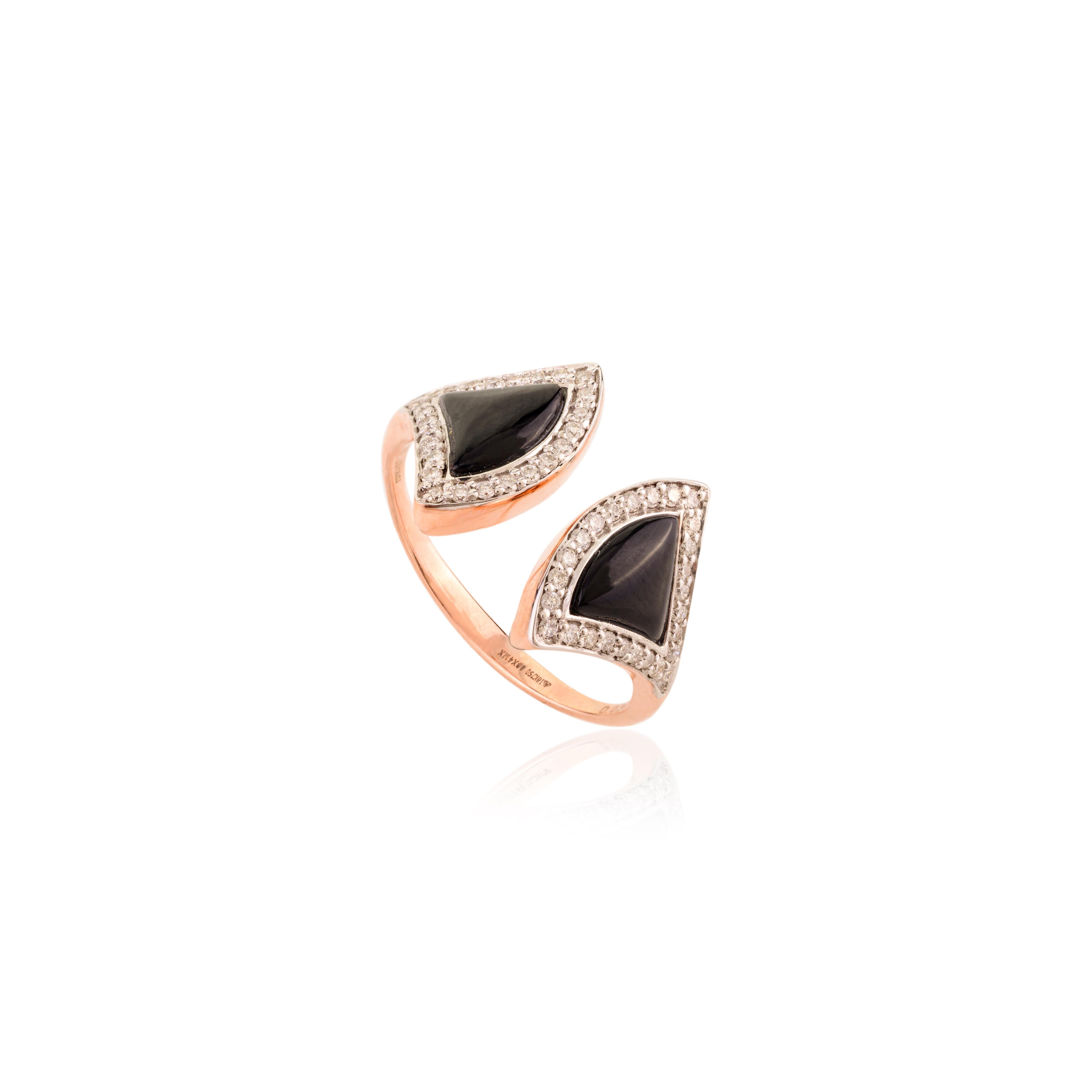 For Sale:  Art Deco Black Onyx Fan Shape Open Ring with Diamonds in 18k Solid Rose Gold 8