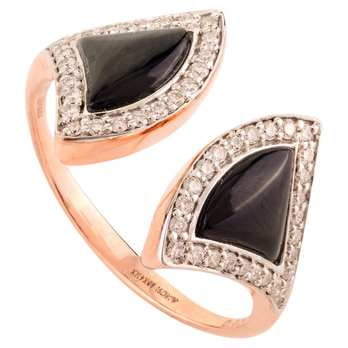 For Sale:  Art Deco Black Onyx Fan Shape Open Ring with Diamonds in 18k Solid Rose Gold