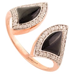 Offener Art-déco-Ring aus 18 Karat massivem Roségold mit Diamanten in Fächerform aus schwarzem Onyx in Fächerform