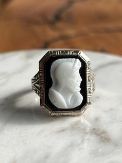 Art Deco Black Onyx Hardstone Roman Soldier Cameo 10k White Gold Ring 1930s