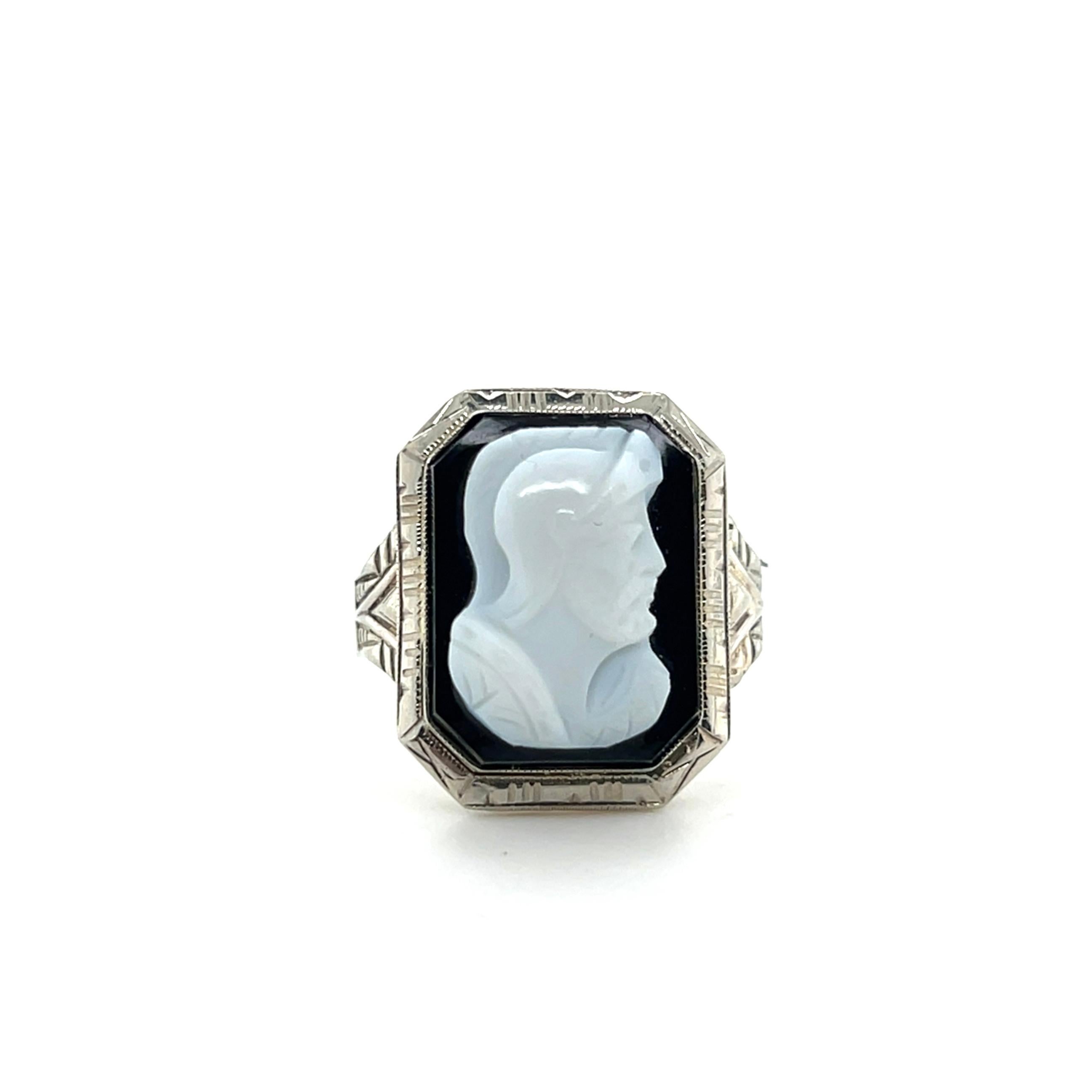 Art Deco Black Onyx Hardstone Roman Soldier Cameo 10k White Gold Ring 1930s For Sale