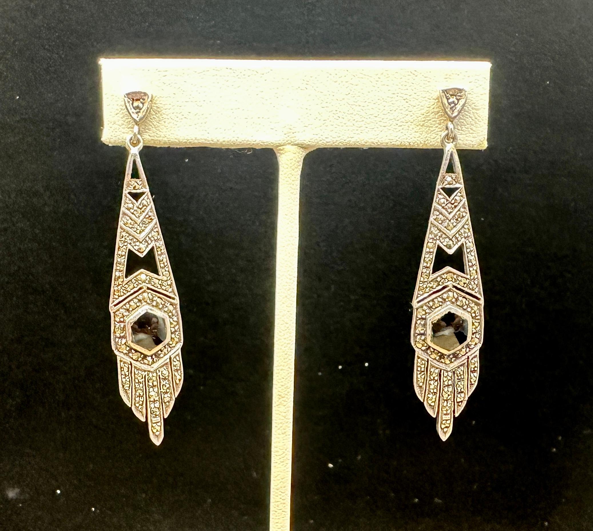 Art Déco Orecchini pendenti in onice nera e marcasite Art Deco 2,5