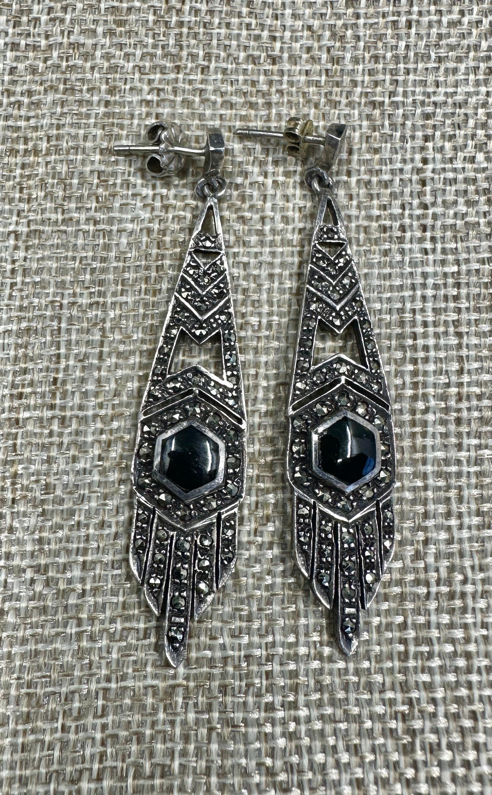 Esagono Orecchini pendenti in onice nera e marcasite Art Deco 2,5
