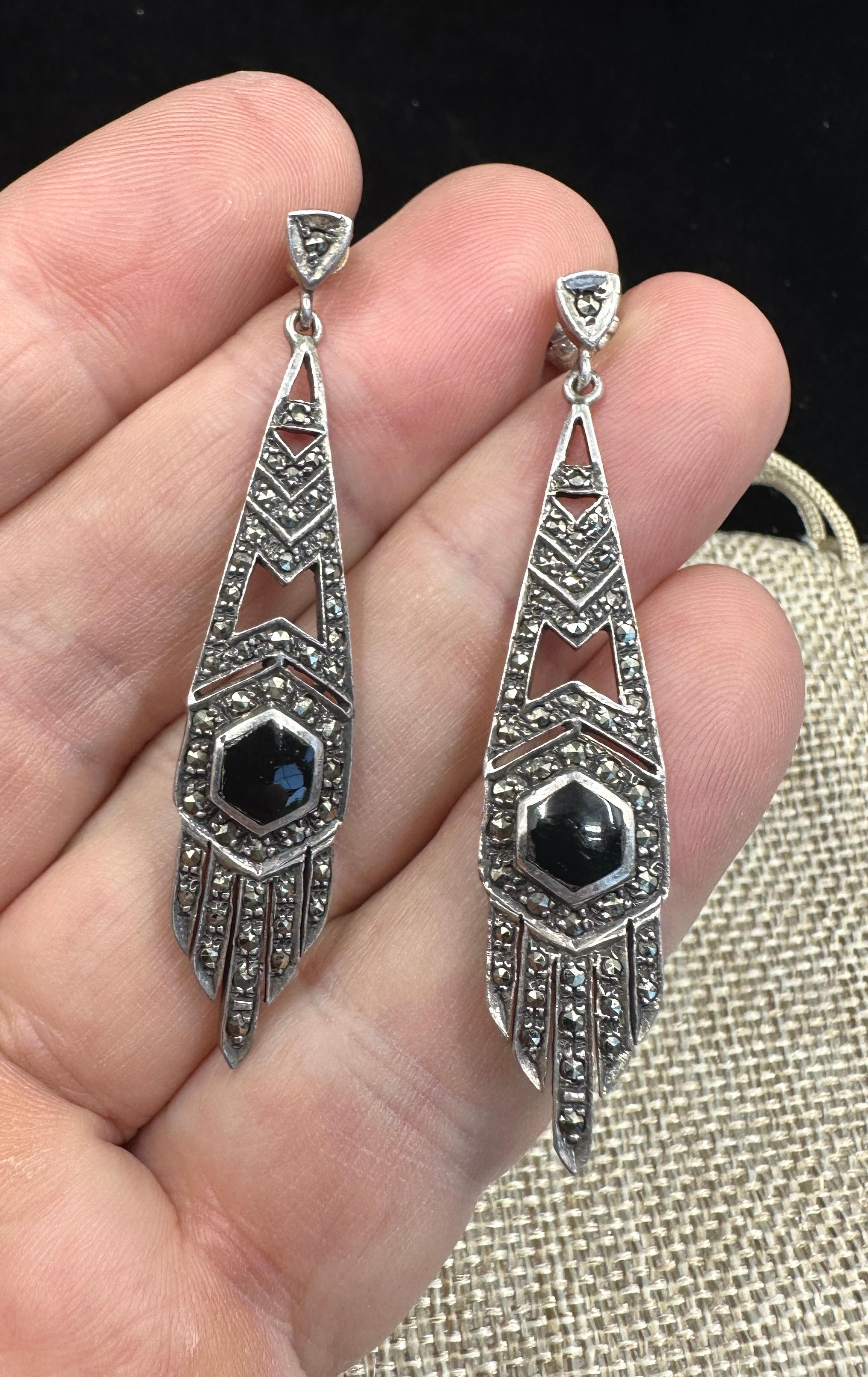 Orecchini pendenti in onice nera e marcasite Art Deco 2,5