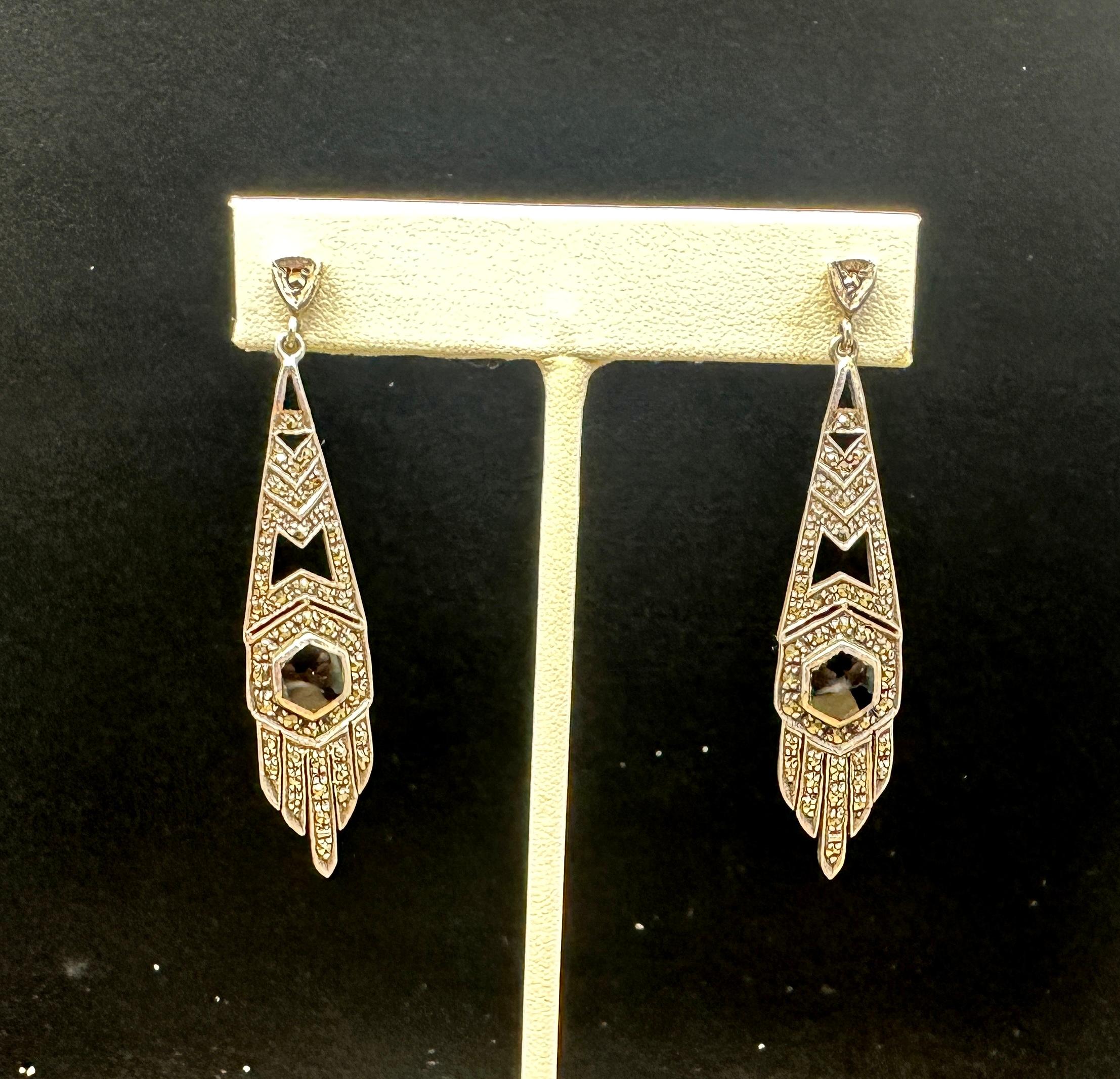 Donna Orecchini pendenti in onice nera e marcasite Art Deco 2,5