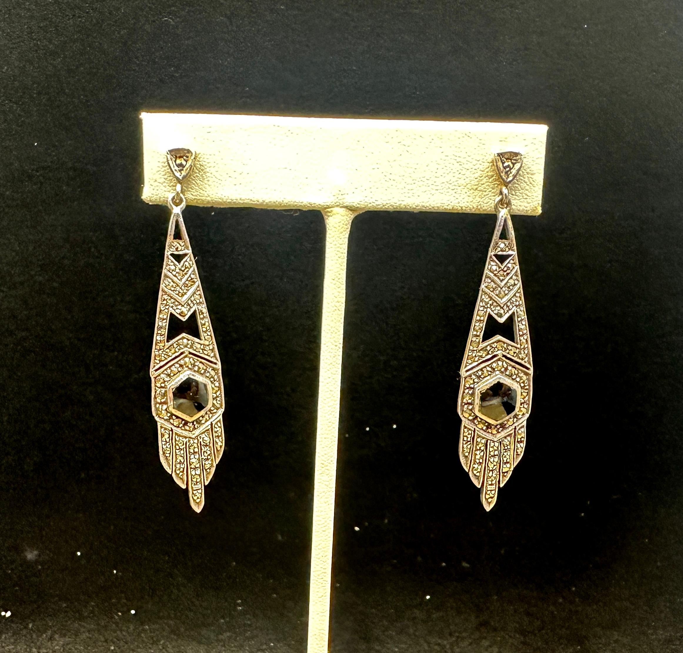 Orecchini pendenti in onice nera e marcasite Art Deco 2,5