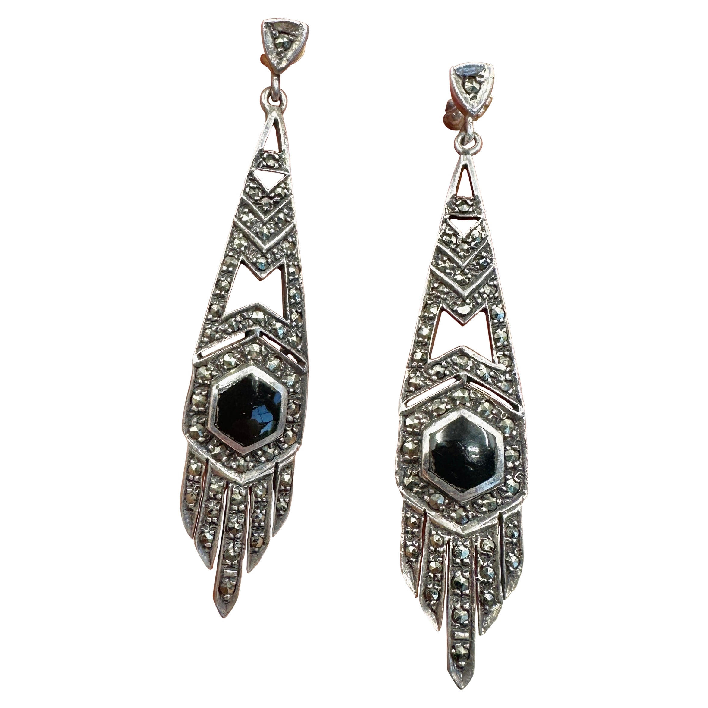 Orecchini pendenti in onice nera e marcasite Art Deco 2,5" in argento Sterling Antico 1920