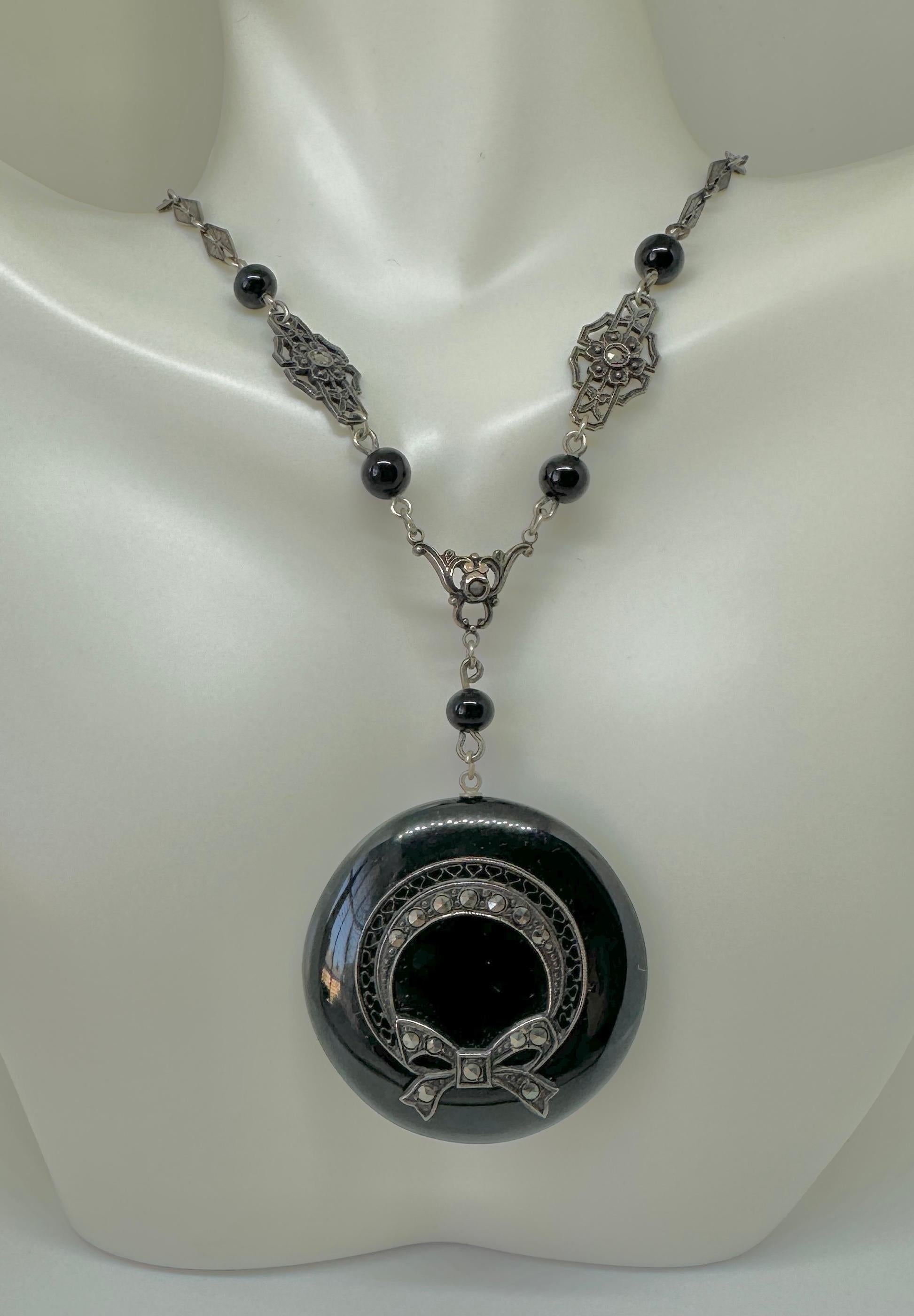 Cabochon Art Deco Black Onyx Marcasite Necklace Sterling Silver Bow Motif Antique  For Sale