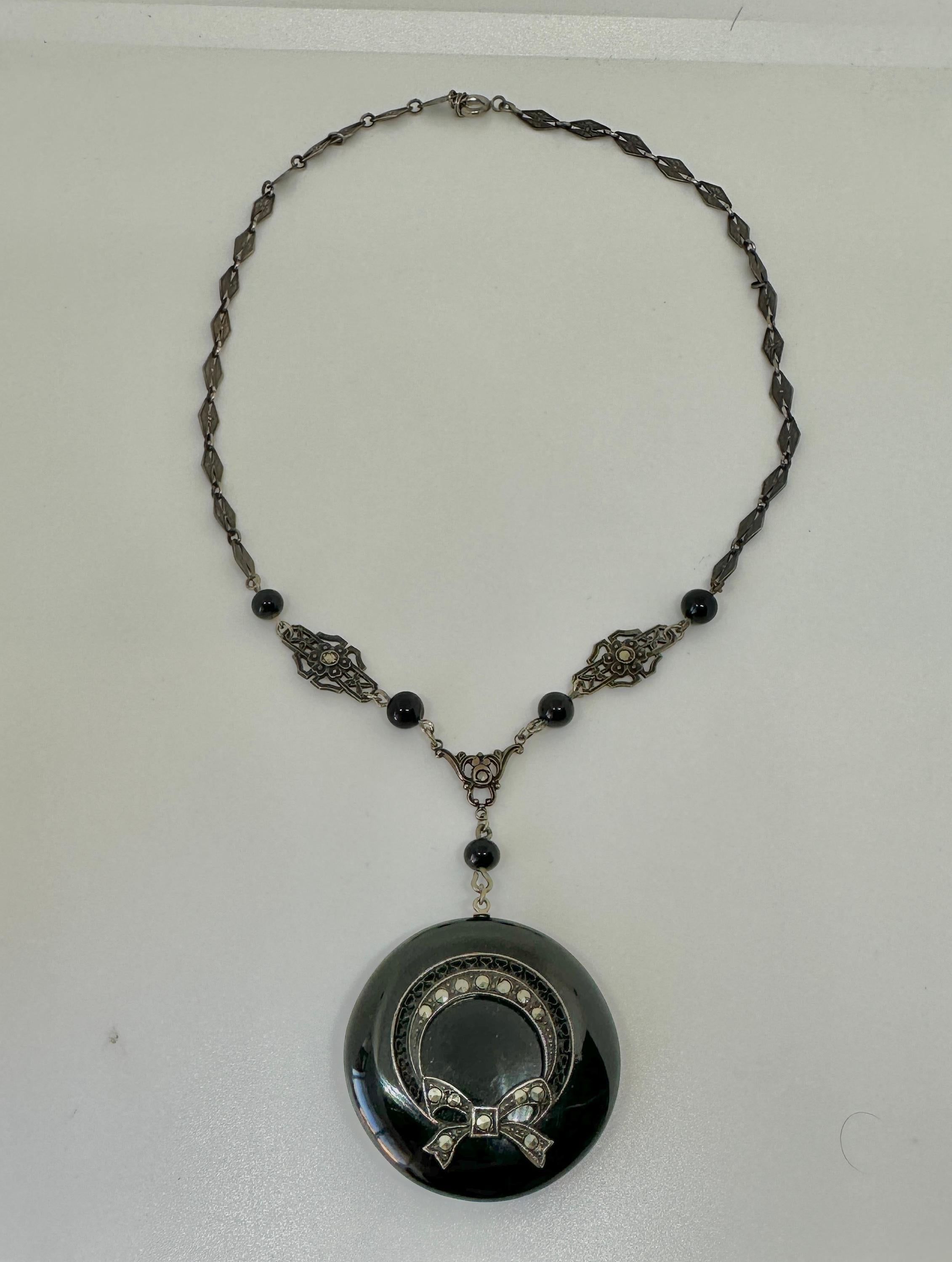 Women's Art Deco Black Onyx Marcasite Necklace Sterling Silver Bow Motif Antique  For Sale
